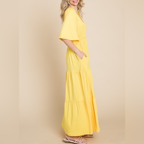 NEW Culture Code Yellow Backless Plunge Neck Half Sleeve Tiered Maxi Dress - Picture 3 of 4